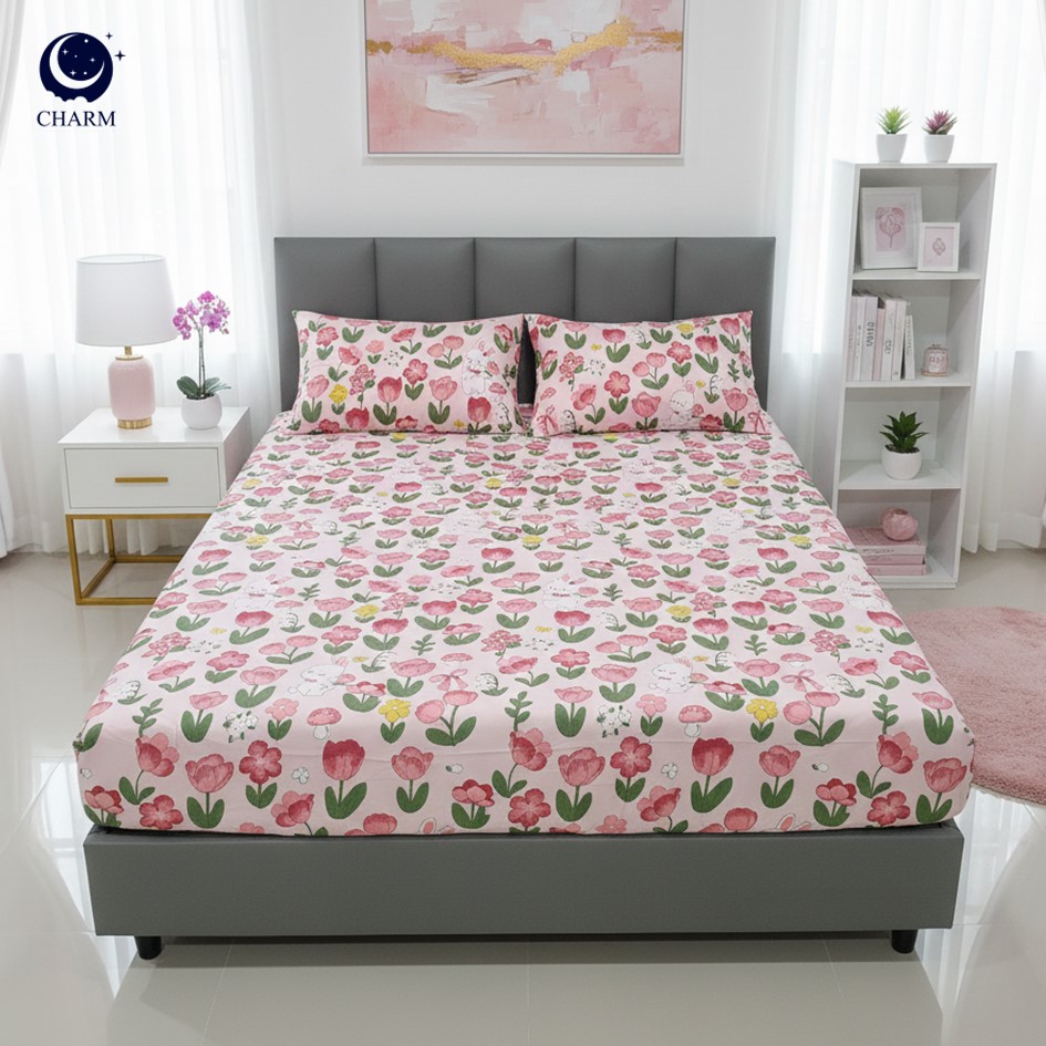 CHARM DREAMY ชุดผ้าปูที่นอน 6ฟุต 5ชิ้น ลาย PINK LILLIE – ผ้าปูที่นอน พร้อมปลอกหมอน (ไม่รวมผ้านวม)_1
